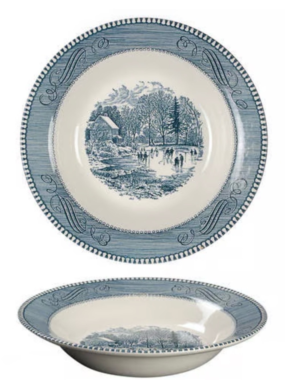 Vintage 1950s Currier & Ives blue Home sweet home 10in  serving bowl salad soup